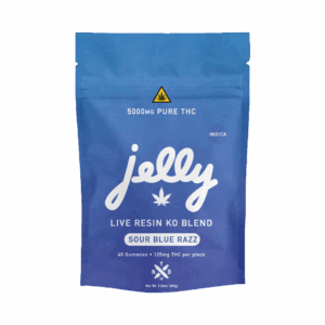 Jelly KO Live Resin gummies, Sour Blue Razz, high potency 7g each, at Go THC