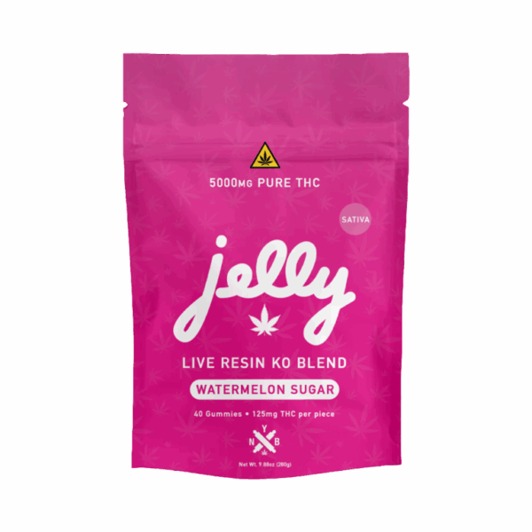 Sweet Watermelon Sugar flavor meets knockout strength in JELLY KO Live Resin Gummies by Not Your Bakery, at Select Choice.