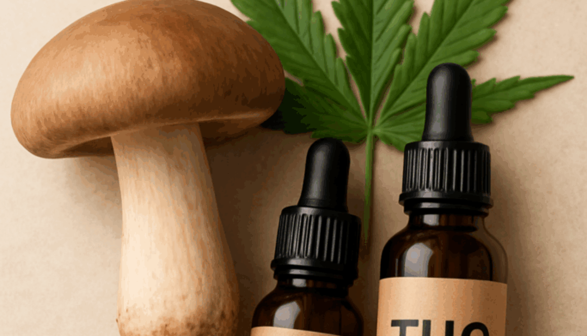 Fresh mushroom with cannabis leaf and CBD and THC oil bottles representing natural wellness and holistic health benefits.