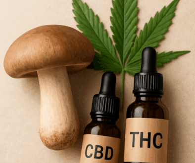 Fresh mushroom with cannabis leaf and CBD and THC oil bottles representing natural wellness and holistic health benefits.