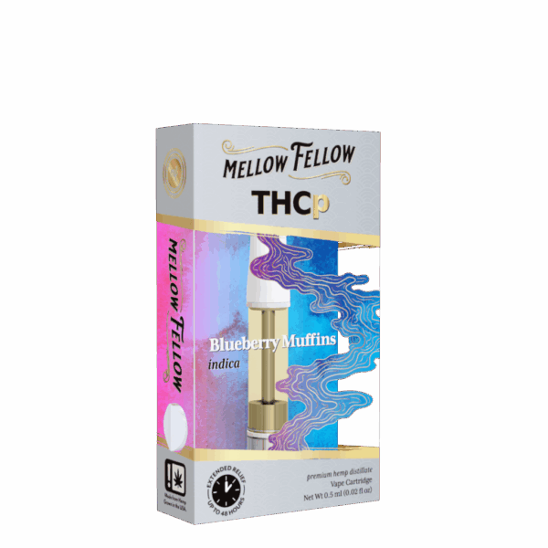 Sweet blueberry flavor and calming Indica effects — Blueberry Muffins THCP .5G Cartridge by Mellow Fellow at Select Choice.