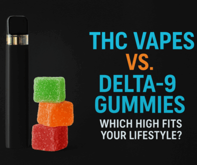 THC vape pen and Delta-9 gummies side by side on a table, symbolizing different cannabis consumption styles and lifestyle choices.